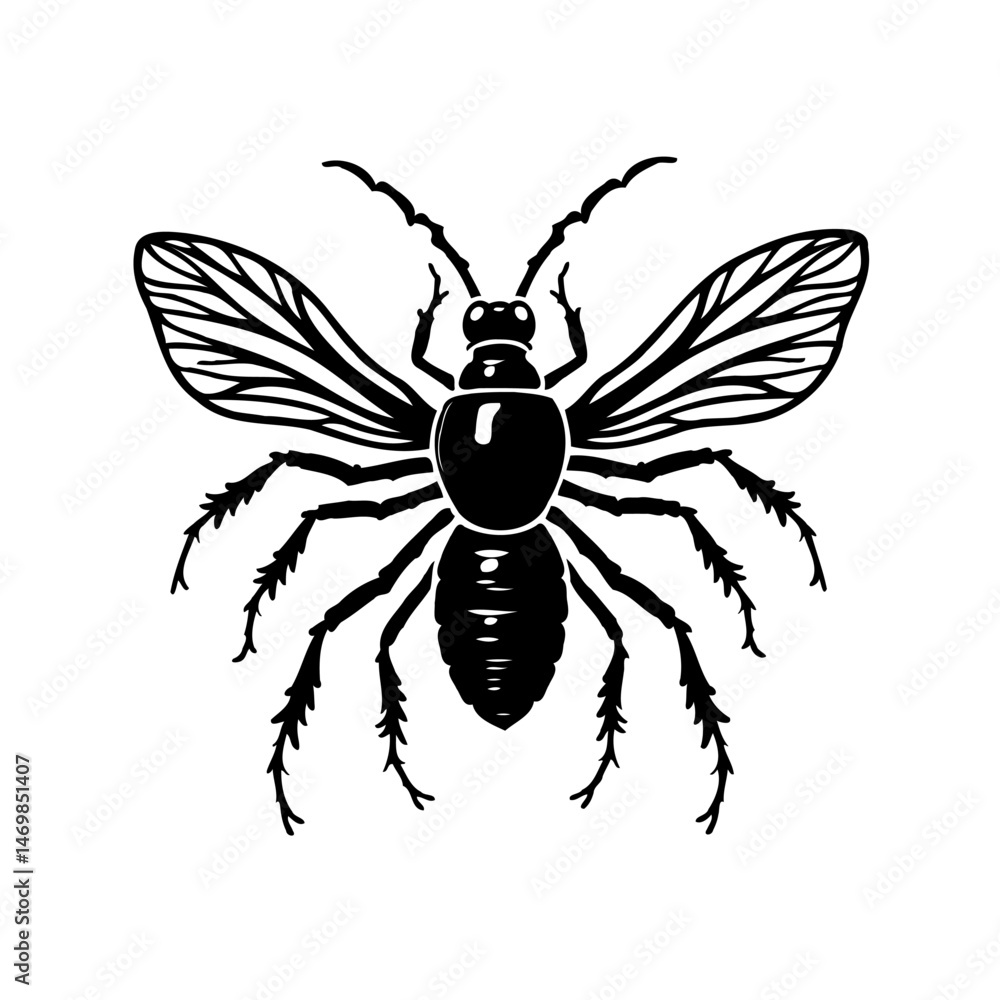 Poster detailed monochromatic representation of a hovering insect with intricate wings