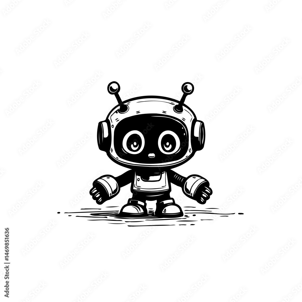 Poster monochrome depiction of a whimsical robot character with endearing features