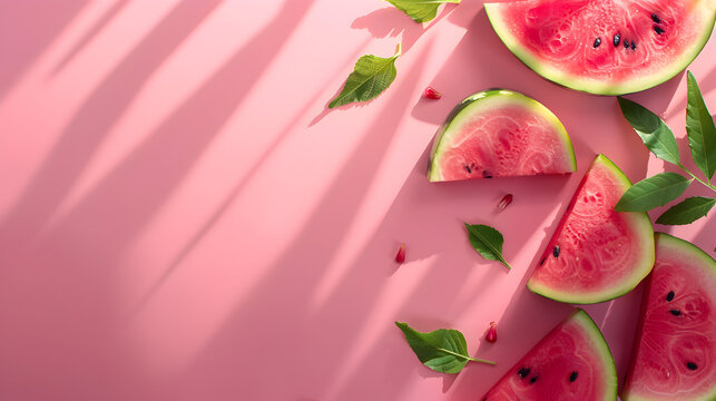 Close-up of watermelon slices with copy space on a pink background