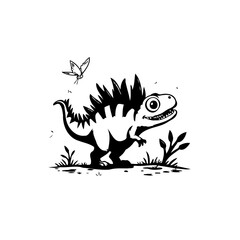 Whimsical cartoon dinosaur illustration in black and white with butterfly design