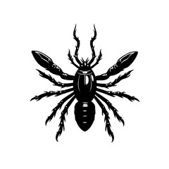 Monochrome depiction of an stylized arachnid with prominent pincers illustration