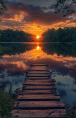 Serene sunset over tranquil lake. Wooden pier leads to horizon