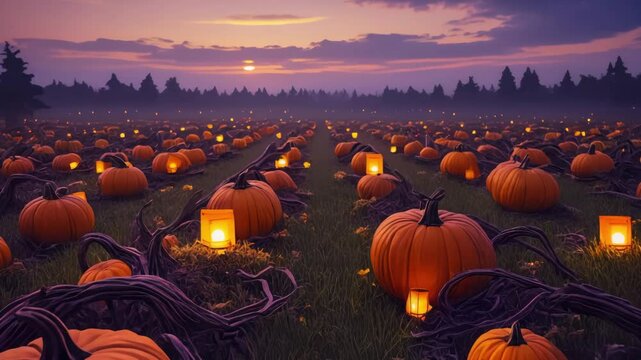 Enchanting dusk scene of pumpkins and lit lanterns across a halloween pumpkin patch field