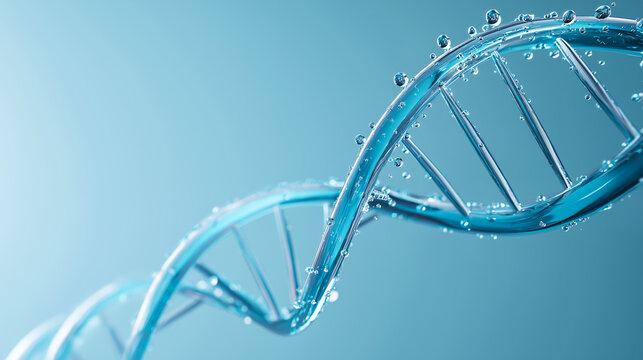 A detailed close-up of a DNA double helix adorned with water droplets, emphasizes the intricate and delicate nature of genetic material in a scientific and biological context.
