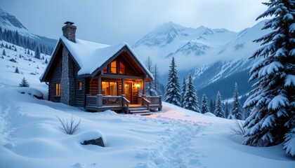 Cozy Mountain Cottage Illuminated at Dusk Surrounded by Snowy Landscape and Pine Trees
