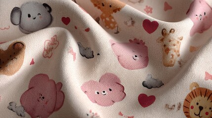 Animals, hearts and clouds on patterned fabric