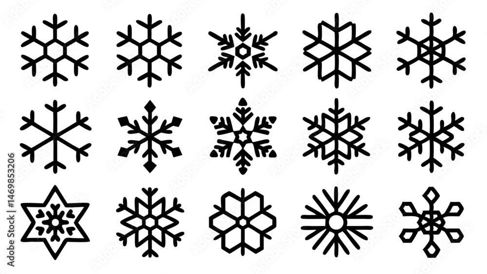 Poster snowflake line icon set featuring a variety of diamond-shaped minimalist snowflake vector pictograms