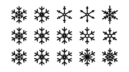 Snowflake line icon set featuring various minimalist pictograms ideal for winter graphics, seasonal design assets, and digital illustrations with vector precision