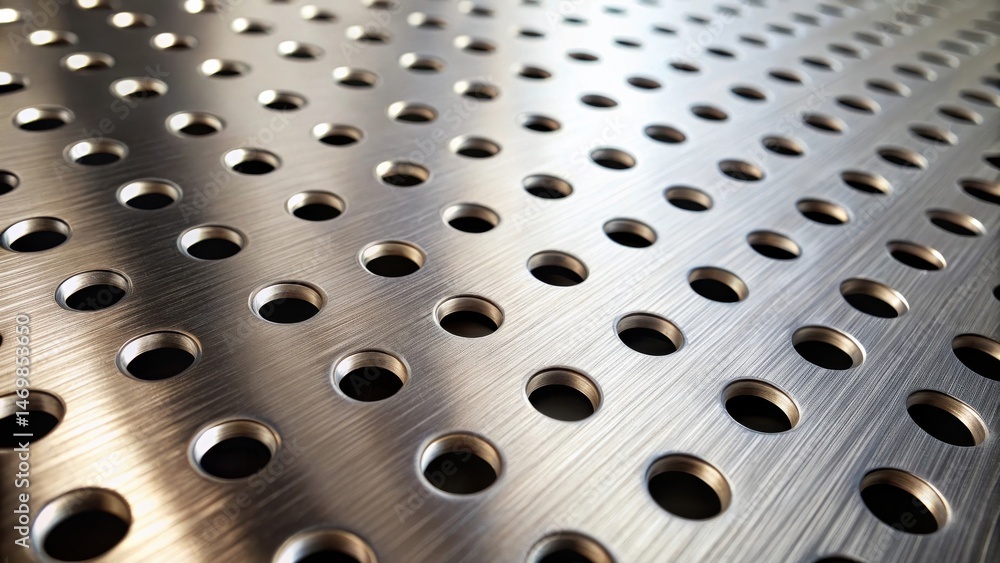 Fototapete A Close-Up View of a Brushed Metal Surface with Regularly Spaced Circular Perforations Displaying a Textured Pattern and Subtle Light Reflections