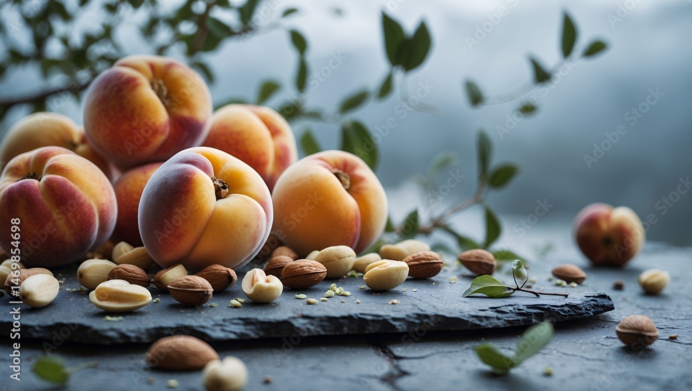 Poster peaches and assorted nuts displayed on dark textured slate