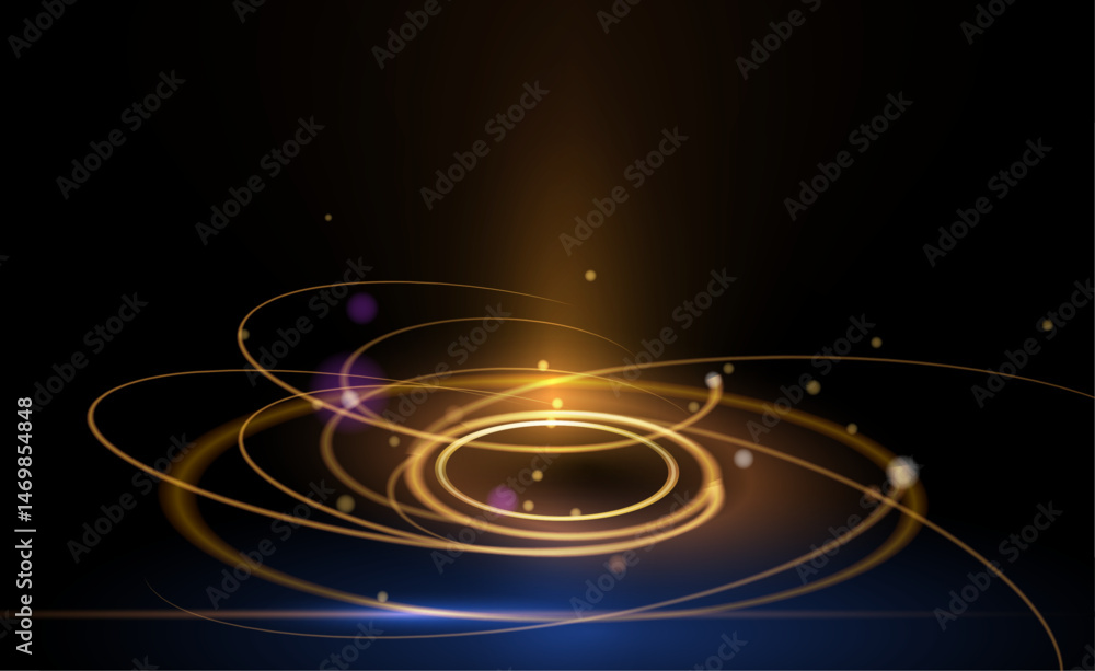 Poster Illustration vector abstract chaos, gold wave line pattern, flow line and particle dot on dark color background. Modern futuristic, design for background. Digital high tech, energy technology concept