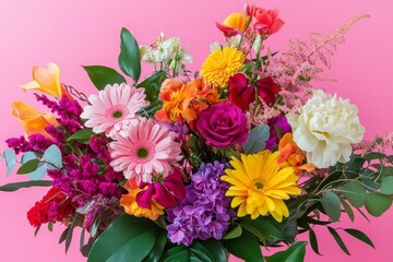 Vibrant Colorful Flower Bouquet on Pink Background
