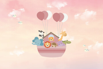 Hand-Drawn Animals Flying with Pink Balloons in Cloudy Sky, Sweet Illustration for Children's Space  © csinie1