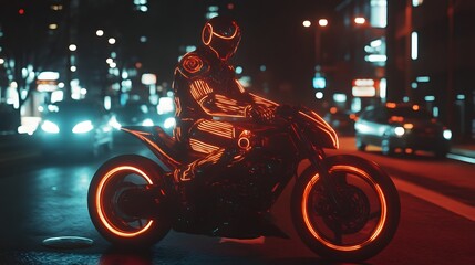 Futuristic samurai in glowing neon armor riding a sleek motorcycle through a cyberpunk Tokyo street at night