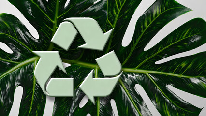 Bright recycling emblem rests against lush monstera leaves, symbolizing eco commitment. Vivid recycling graphic evokes urgency of waste reduction and sustainable practices