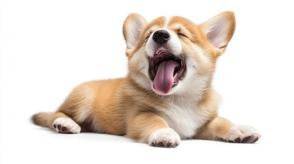 Obraz premium cute puppy with a tongue sticking out. The puppy is sitting on a white background. The puppy has a happy expression on its face