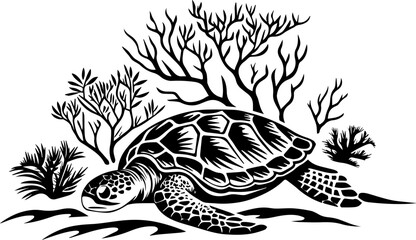 SVG vector of coral reef restoration showing marine life. Elegant Sea Turtle Swimming Among Coral and Sea Plants in Black and White