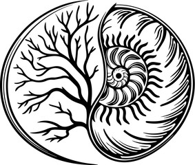 SVG vector of coral reef restoration showing marine life. Abstract Representation of Nature and Life Cycle in Black and White