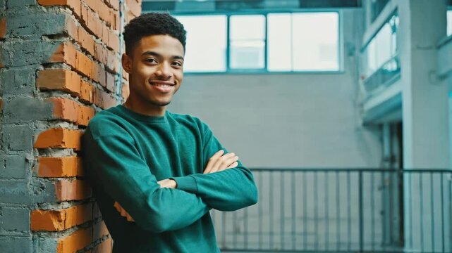 A confident black young man crosses his arms and grins against an exposed brick wall inside an urban loft. Concept of modern self assurance and creative city living.