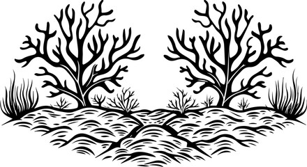 SVG vector of coral reef restoration showing marine life. Black and White Drawing of Coral Reef with Underwater Plants