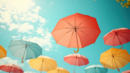 Colorful umbrellas floating against a bright blue sky with fluffy clouds, creating a cheerful atmosphere