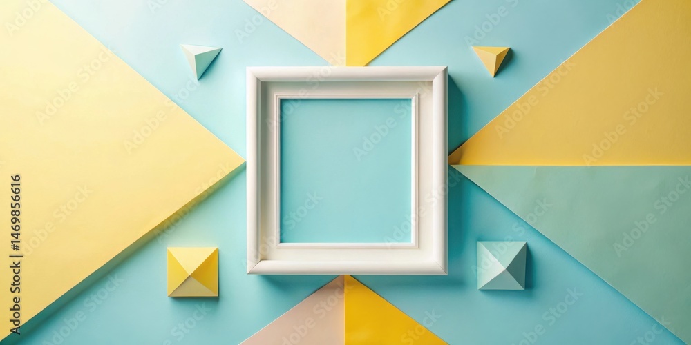 Poster A simple white frame sits in the center of a vibrant pastel geometric design, accented by soft-hued pyramidal shapes