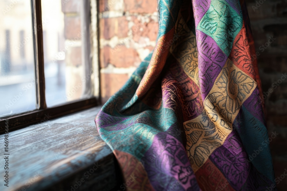 Poster a colorful patterned textile draped over a rustic windowsill, showcasing intricate designs and rich 