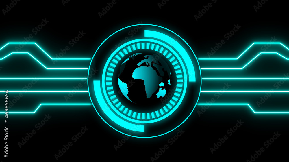 Poster globe in hud interface with circuit board connections isolated on black background