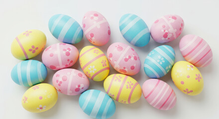 Fototapeta premium Collection of Colorful Easter Eggs with Floral and Stripe Patterns on White Background