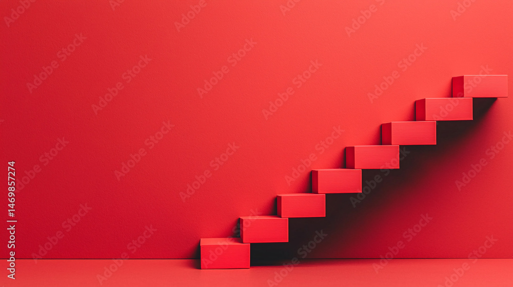 Aufkleber workflow for result and conclusion. red staircase against a matching wall background.