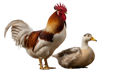 A vibrant rooster and a calm duck standing side by side, showcasing their unique feathers and personalities