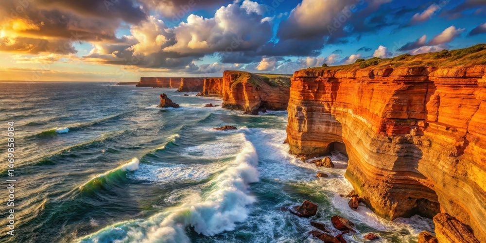 Poster golden hour coastal cliffs with crashing waves and dramatic sky