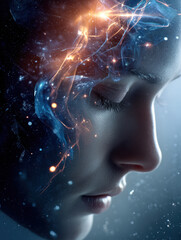 Obraz premium Woman's Face with Cosmic Energy Abstract Mind Inner Thoughts Spiritual Awakening Mystical Portrait