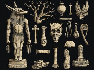 Ancient Egyptian Artifacts Pixel Art Illustration