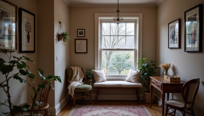 Inviting and Cozy Interior Space with Bench and Natural Light from Large Window with Plants