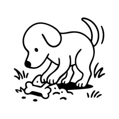 A satisfied dog using its nose and paws to hide a bone or treat under a pillow or in the backyard, glancing around sneakily