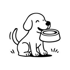 A dog carrying a food bowl to its human