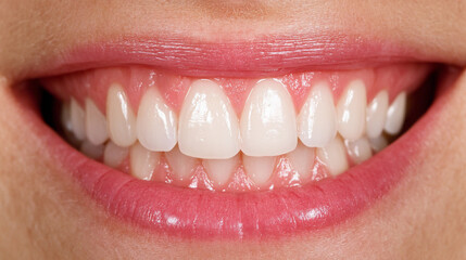 Close-up of perfectly aligned and bright white teeth in a healthy smile.