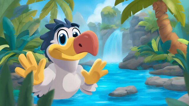 Cartoon dodo bird waves in tropical rainforest with waterfall, cartoon rendering with lush jungle and palm trees
