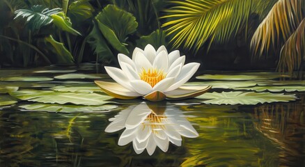 White Water Lily Reflection in Tropical Pond