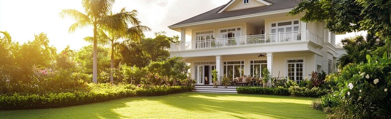 A large two-story house with modern architecture, featuring white walls and neutral tones, nestled in an elegant garden filled with lush greenery and blooming flowers. Commercial photo, soft lighting,