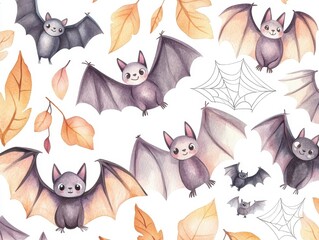 Cute Watercolor Bats and Autumn Leaves Pattern