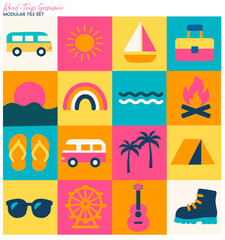 Road‑Trip Summer Travel Vacation Modular Tile Set – 16 Flat Vector Icons for Travel, Beach & Camping Patterns