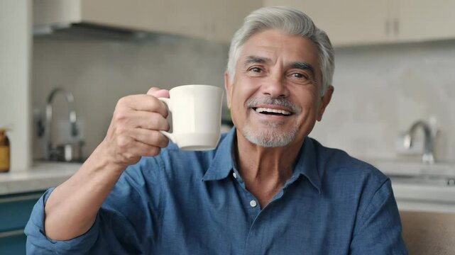 A cheerful latino senior man lifts a steaming mug with a bright smile in a home kitchen. Concept of morning wellness and simple happiness.