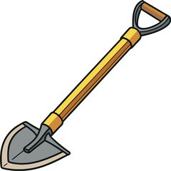 A cartoon shovel is stuck in the ground surrounded by flowers and green leaves art