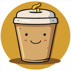 Cute Coffee Cup Cartoon Illustration With Smiling Face On Yellow Background