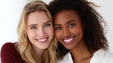 Fototapeta premium Close-up of two best friends smiling warmly at the camera, with one resting her head on the other's shoulder, conveying a strong bond