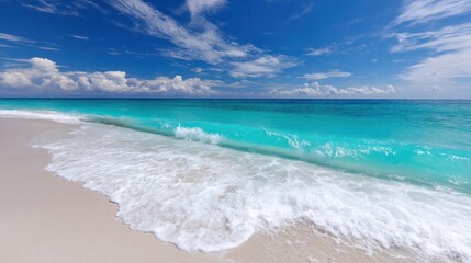 Crystal-clear turquoise waves gently rolling onto a pristine white sand beach under a bright blue sky with soft