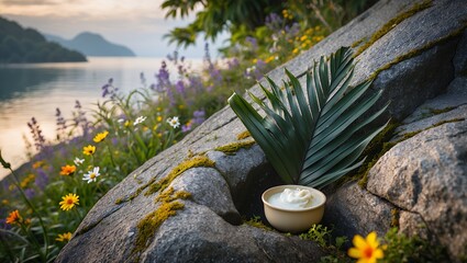 White Cream on Rock with Leaf and Wildflowers Near Calm Lake