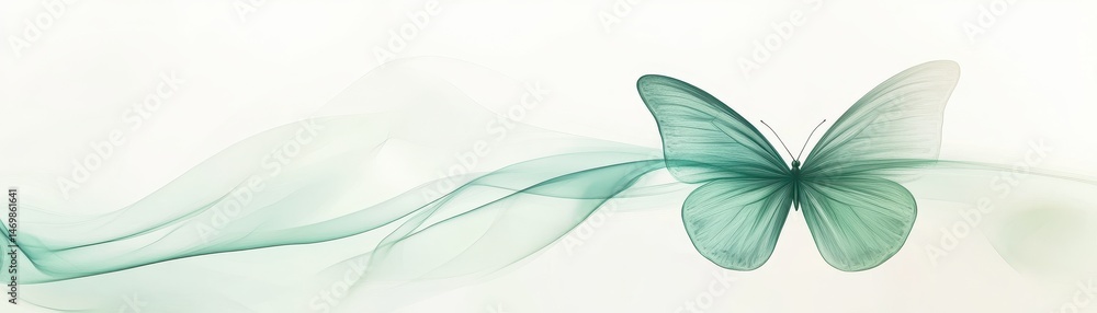 Aufkleber green butterfly in flight with flowing white abstract background